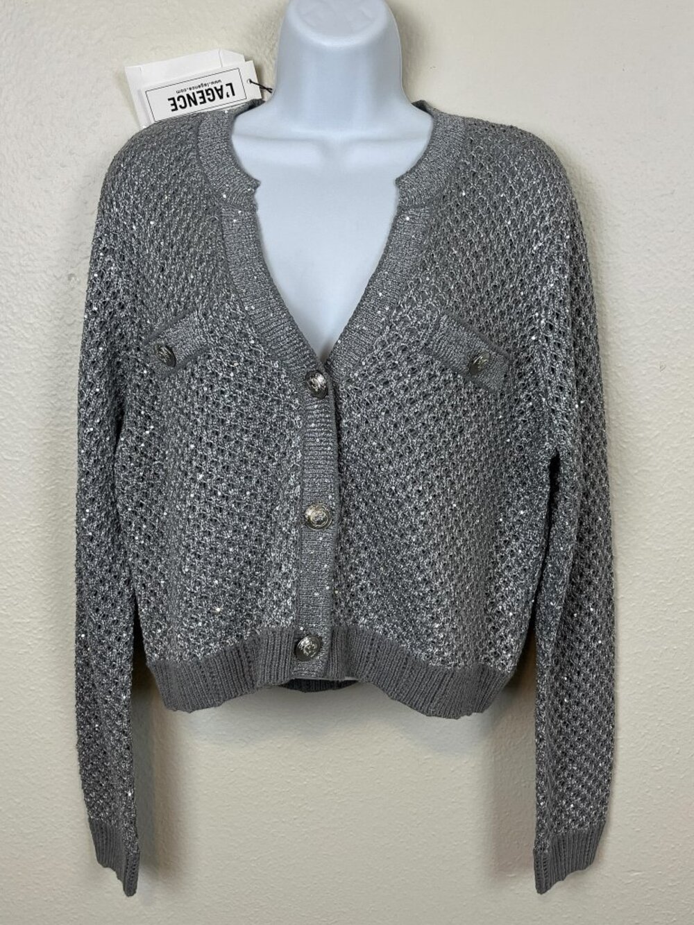L'Agence Bianca Sequin Crop Cardigan Sweater Womens L Silver V-Neck Chunky NEW